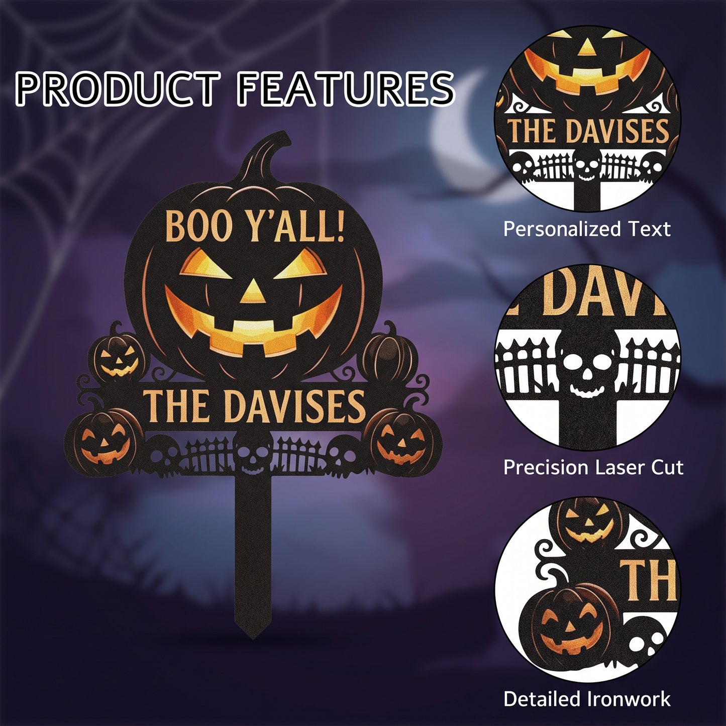 Close-up of Personalized Boo Y'all Pumpkin Garden Stake