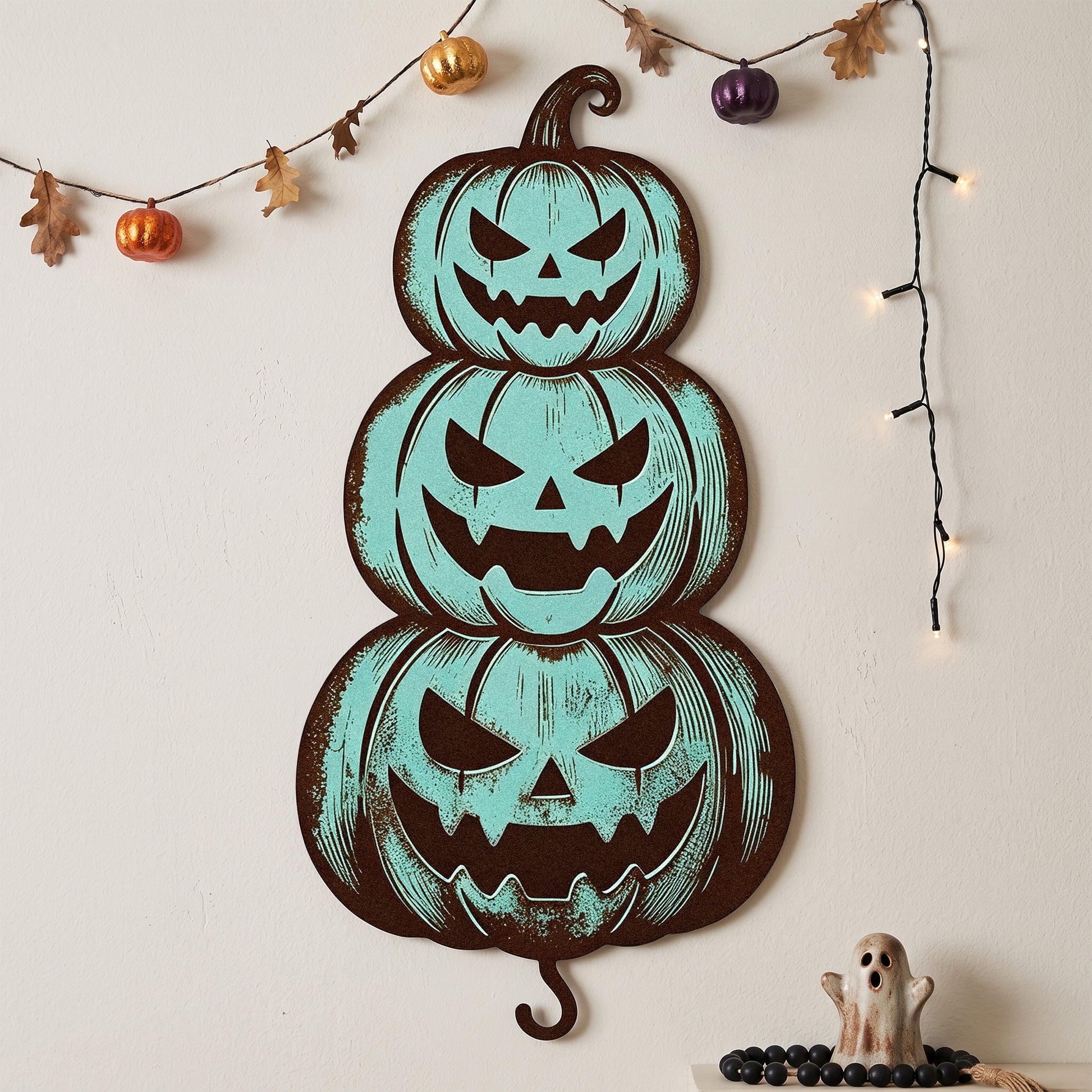 Stacked Jack-O-Lantern Halloween Garden Stake in a garden
