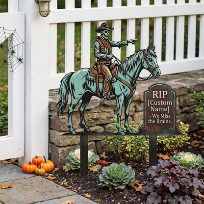 Personalized Skeleton Cowboy RIP Garden Stake in a garden