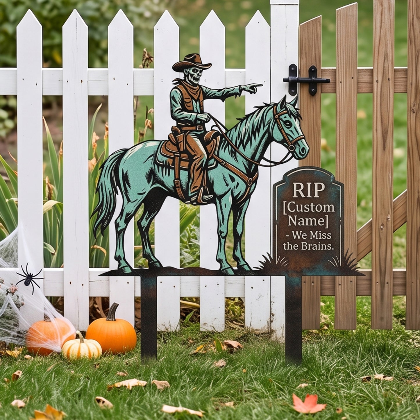 Personalized Skeleton Cowboy RIP Garden Stake outdoor scene