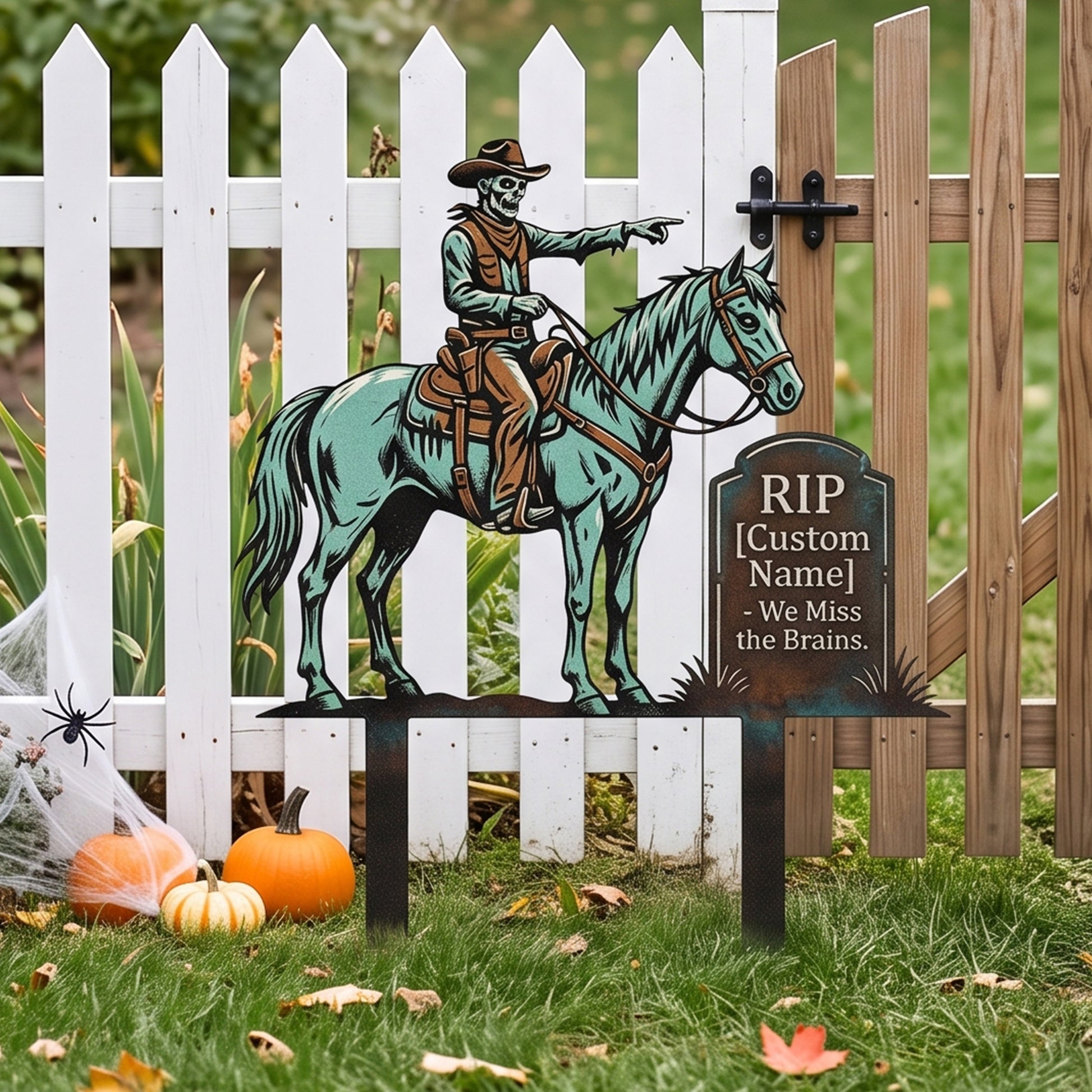 Personalized Skeleton Cowboy RIP Garden Stake outdoor scene