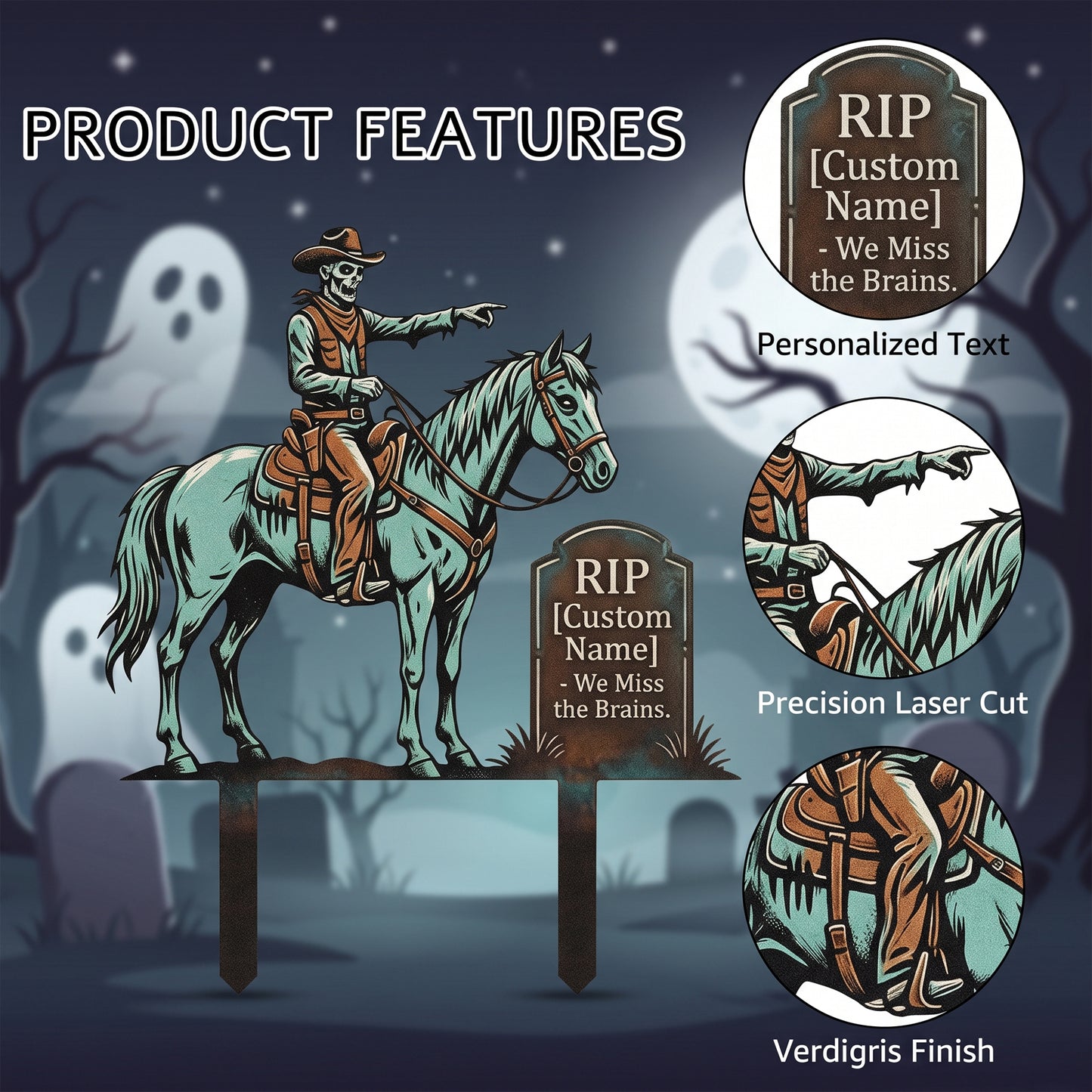 Close-up of Personalized Skeleton Cowboy RIP Garden Stake