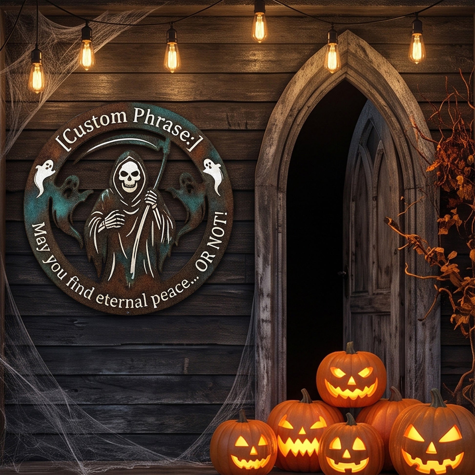 Personalized Grim Reaper Halloween Garden Sign in a garden