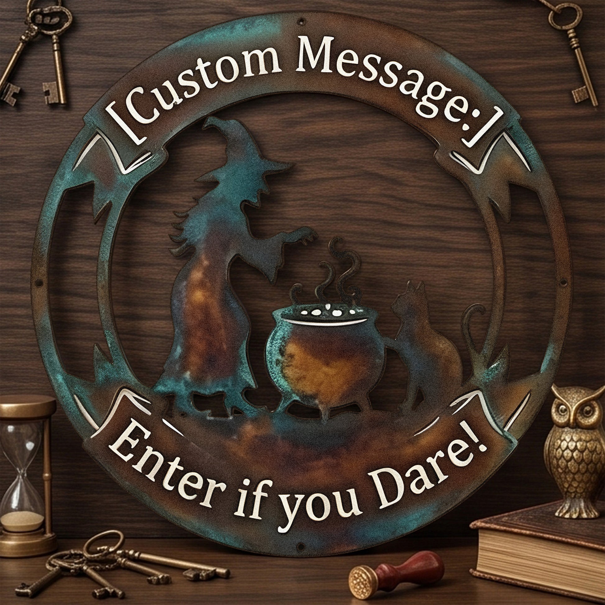 Personalized Witch Cauldron Halloween Garden Sign in a garden