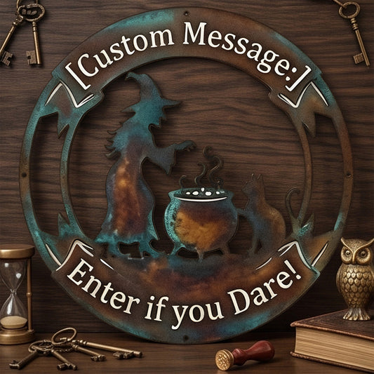 Personalized Witch Cauldron Halloween Garden Sign in a garden