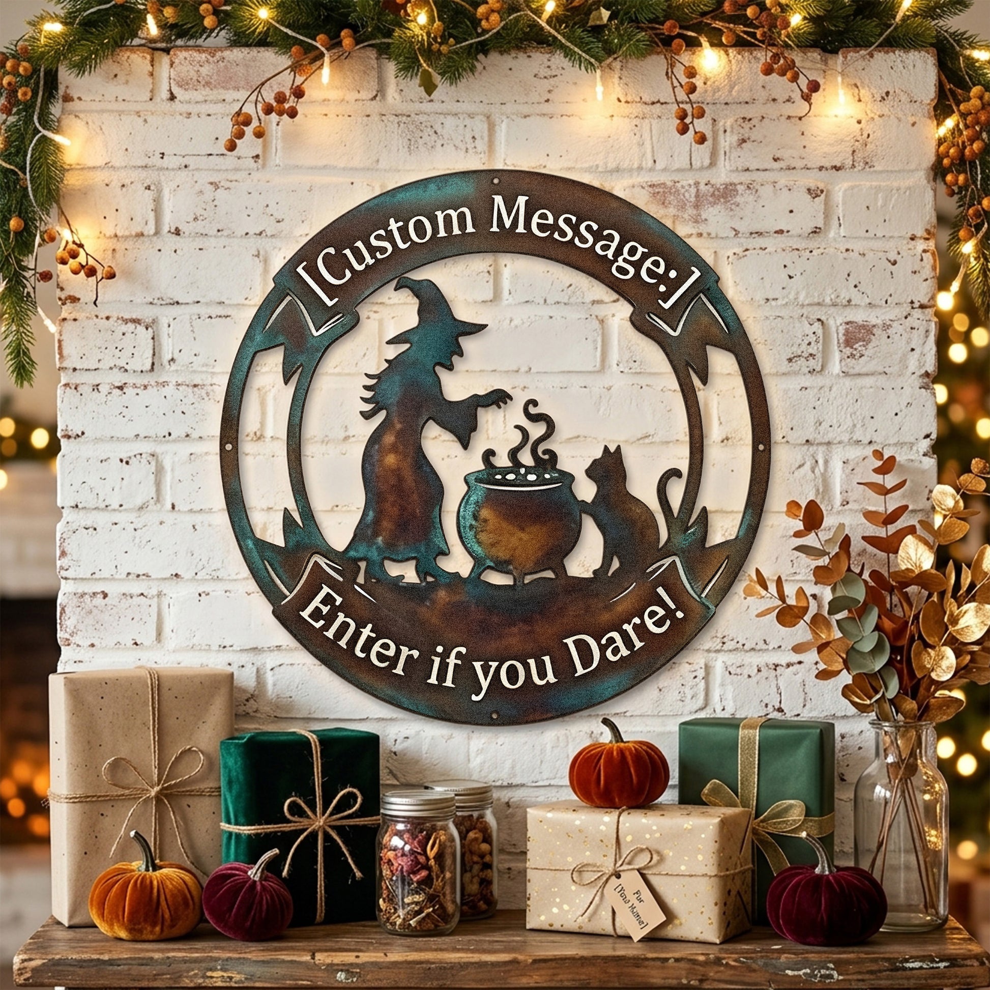 Personalized Witch Cauldron Halloween Garden Sign outdoor scene