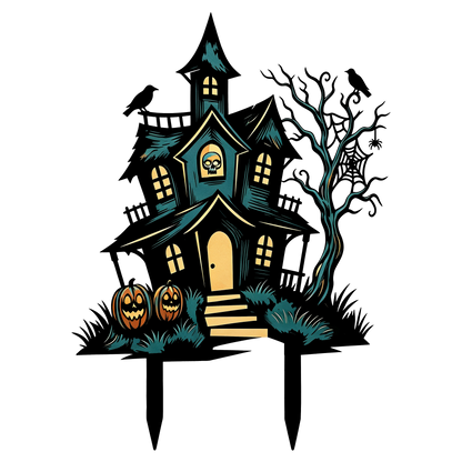 Haunted house skull Halloween garden stake design