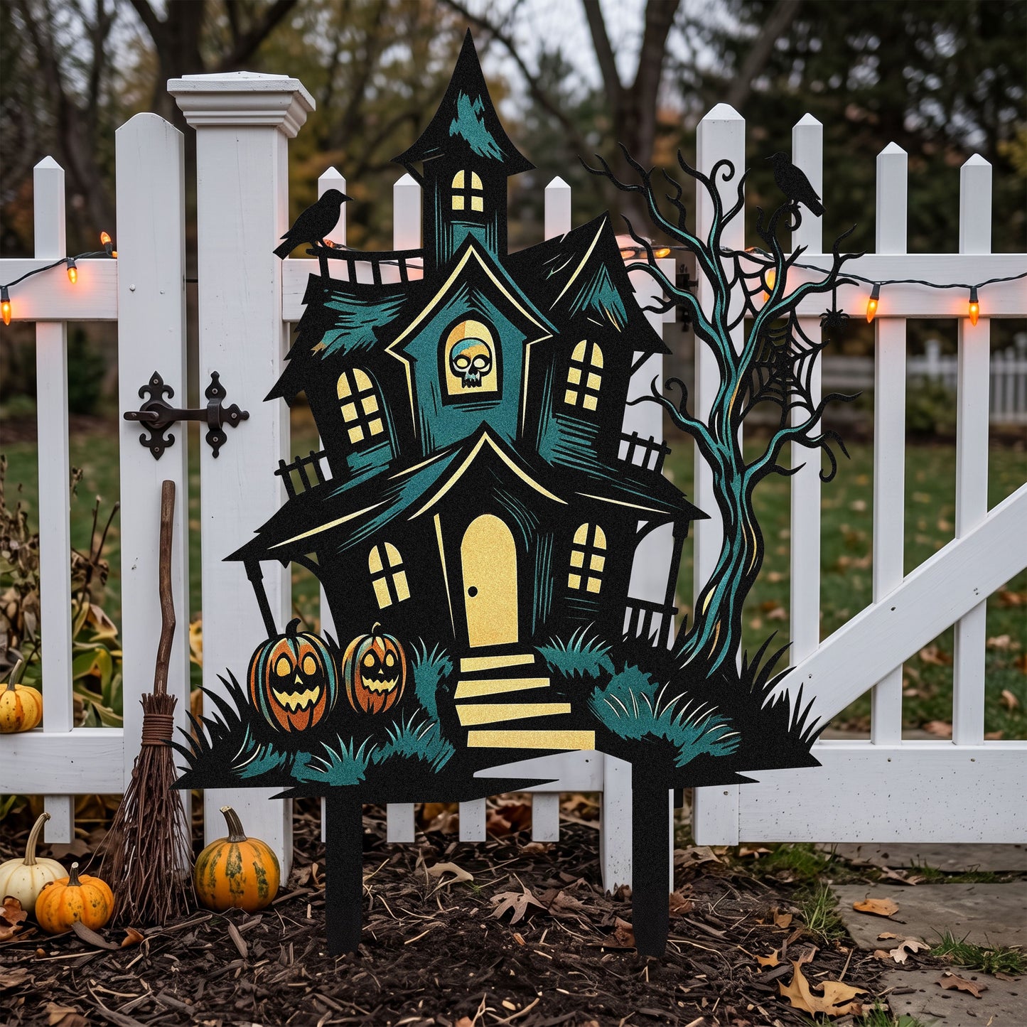 Haunted house Halloween garden stake in a yard