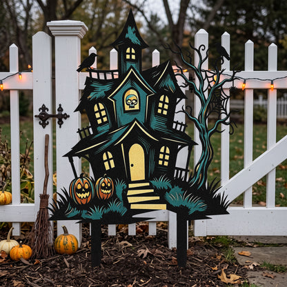 Haunted house Halloween garden stake in a yard