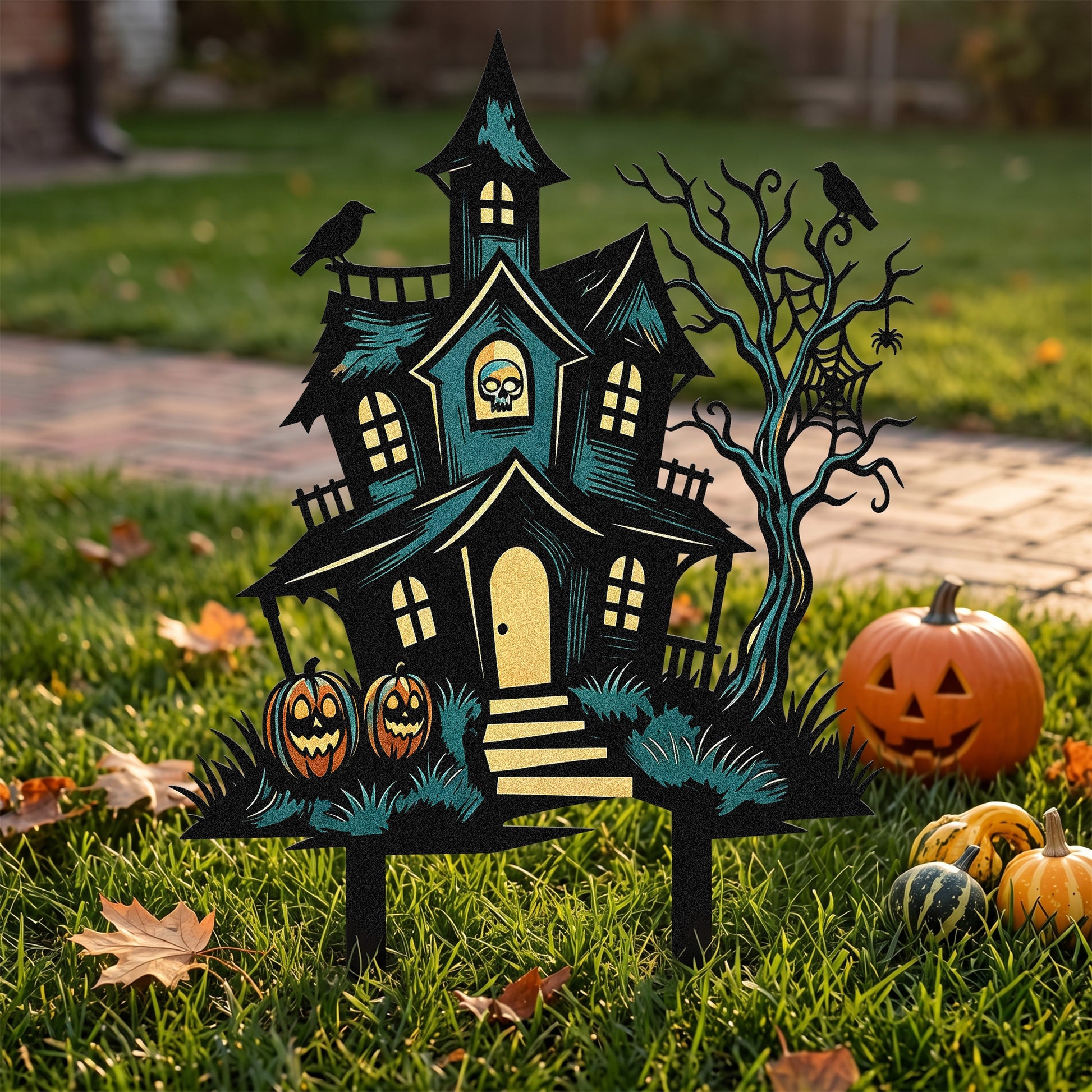 Skull window haunted house metal stake outdoor scene