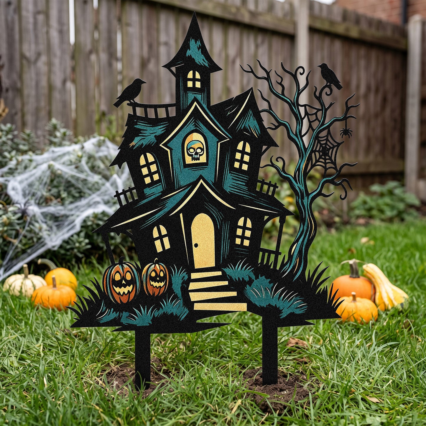 Halloween haunted house garden stake among pumpkins