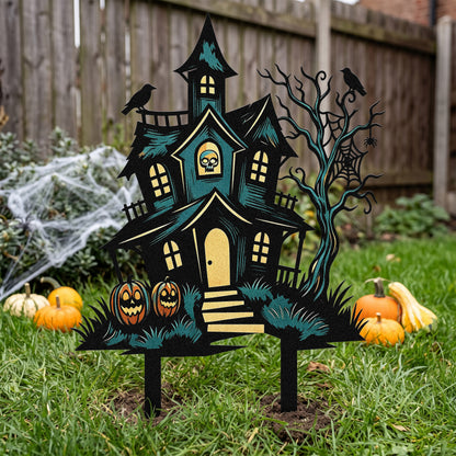 Halloween haunted house garden stake among pumpkins