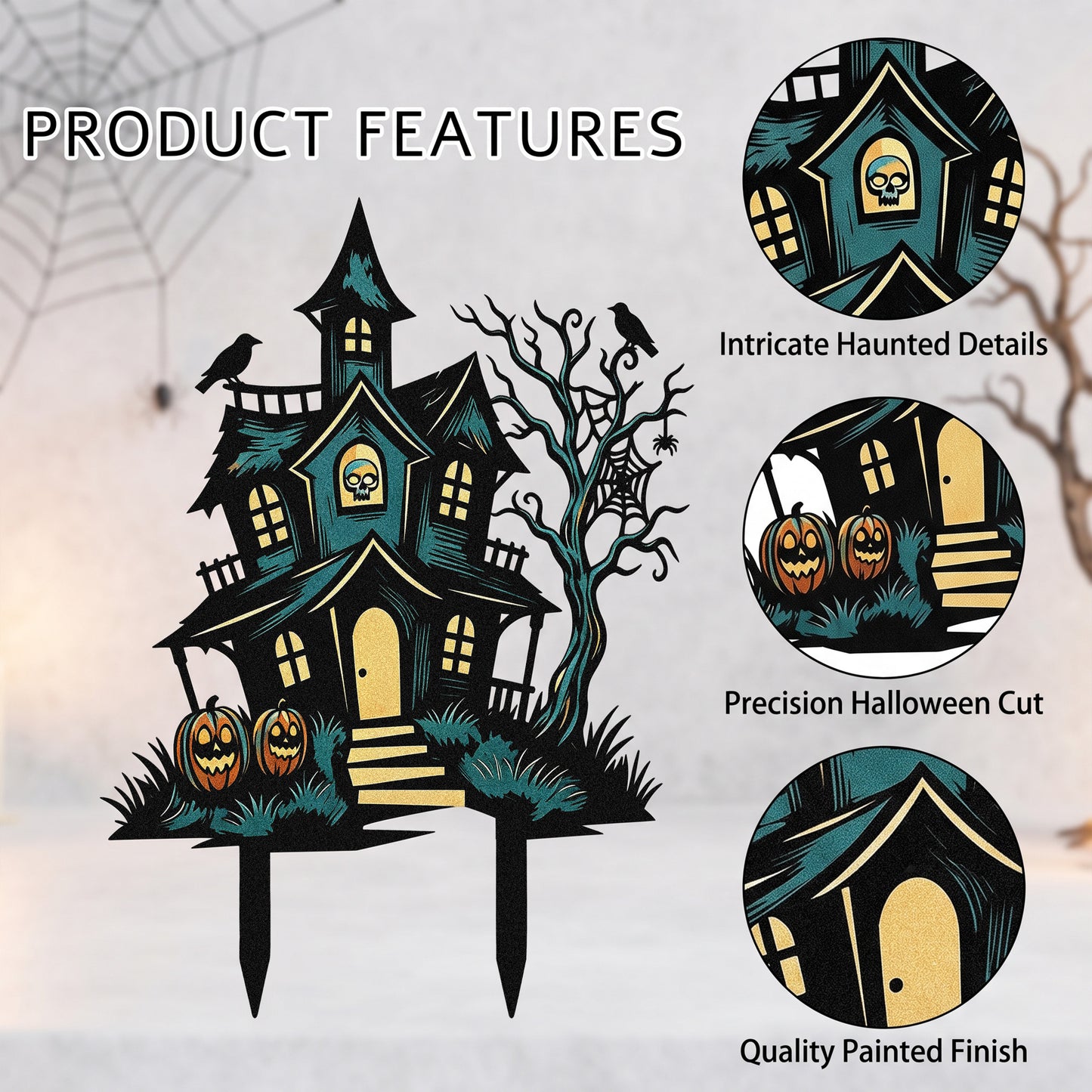 Close-up of haunted house skull Halloween metal sign