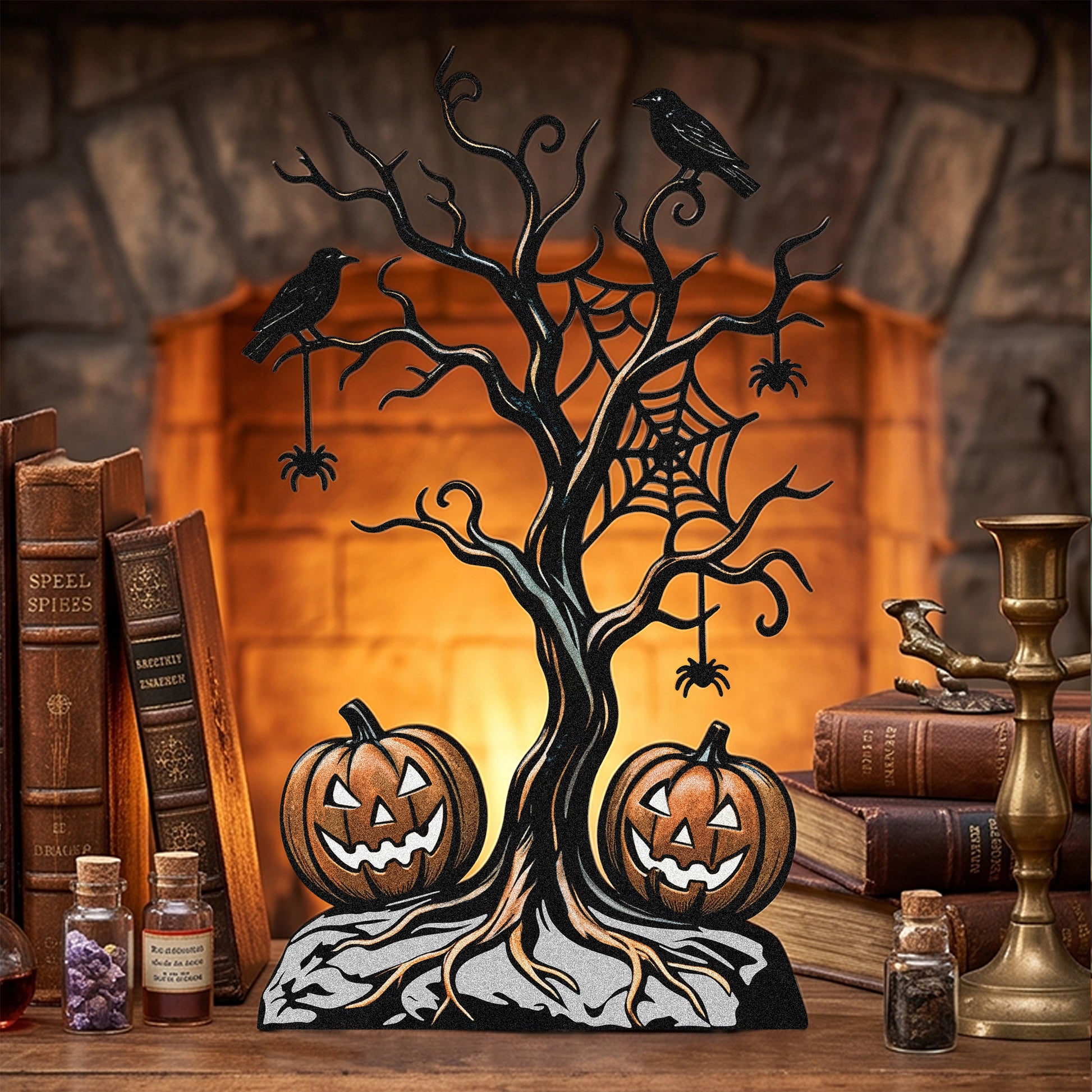 Spooky Tree & Jack-O-Lantern Halloween Garden Stake in a garden