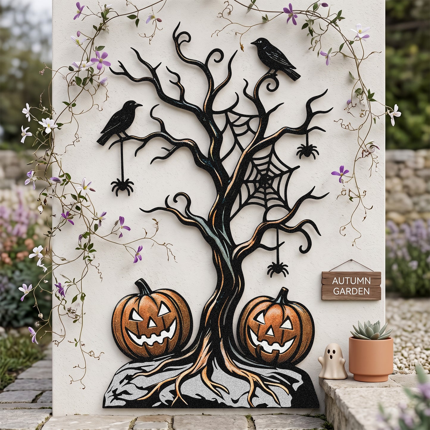 Spooky Tree & Jack-O-Lantern Halloween Garden Stake outdoor scene