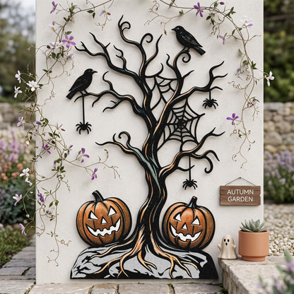 Spooky Tree & Jack-O-Lantern Halloween Garden Stake outdoor scene