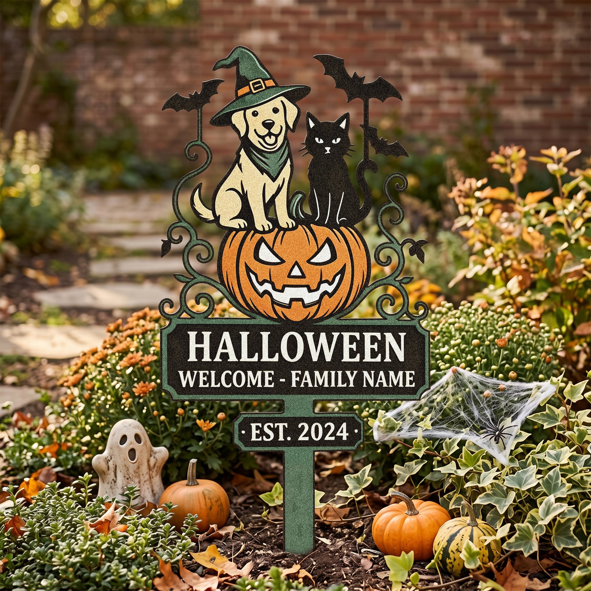 Personalized Halloween Dog & Cat Welcome Garden Stake outdoor scene