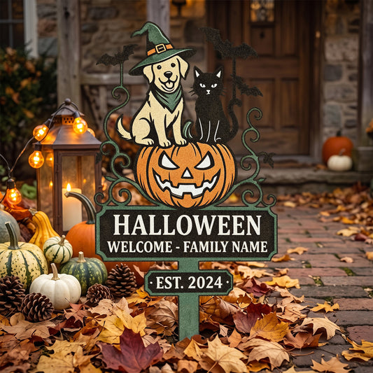 Personalized Halloween Dog & Cat Welcome Garden Stake in a garden