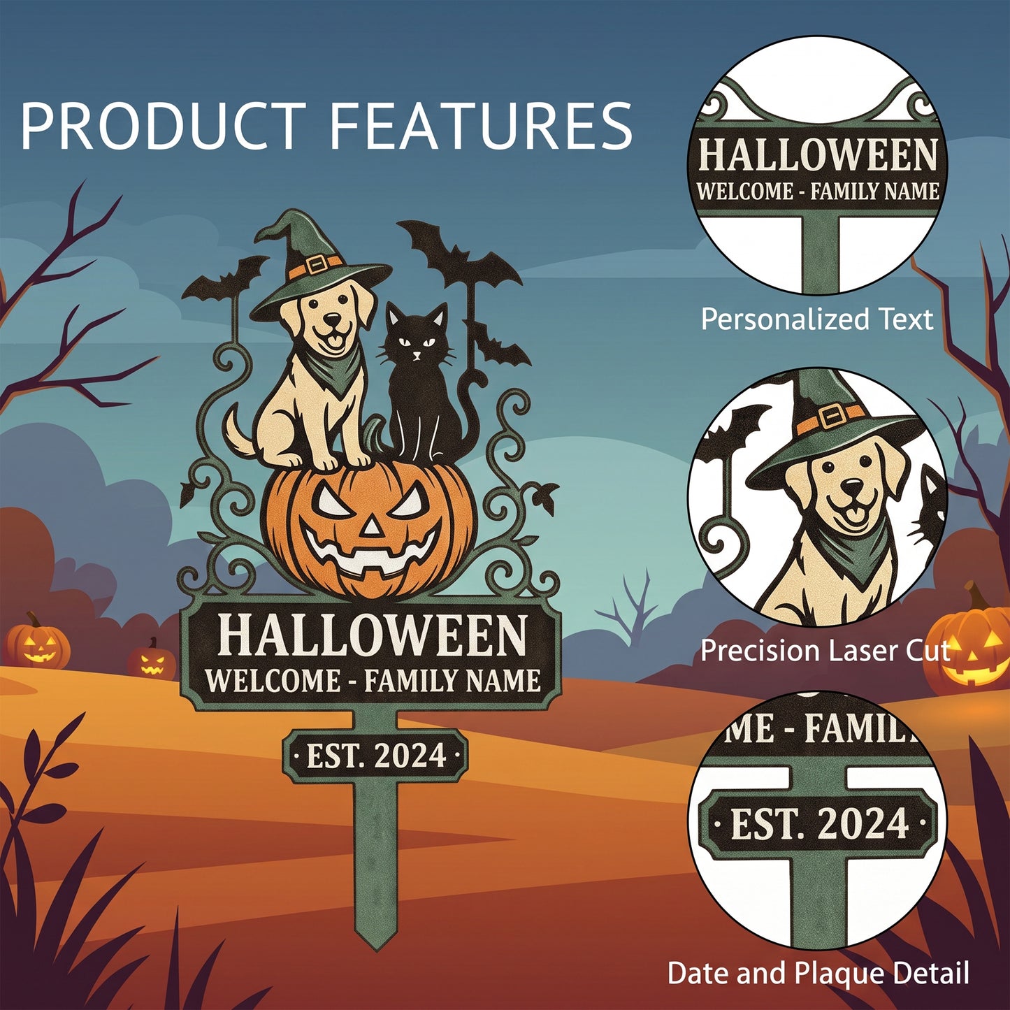 Close-up of Personalized Halloween Dog & Cat Welcome Garden Stake