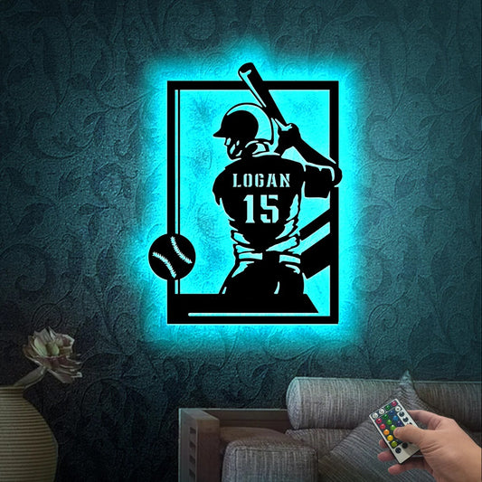 Custom Name Baseball Player Metal Sign With LED Lights