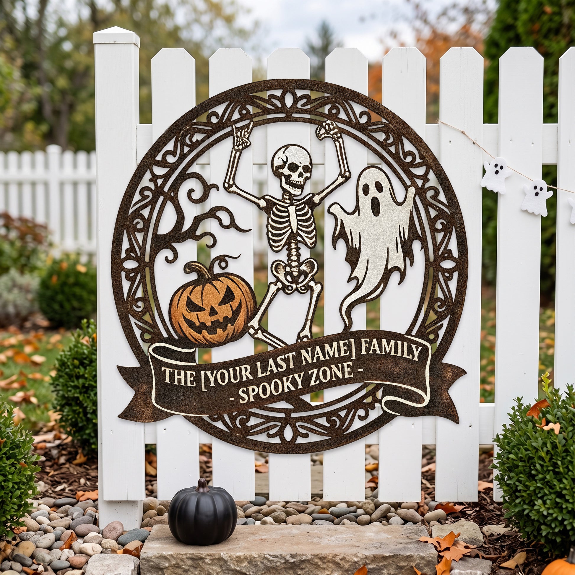 Personalized Spooky Zone Family Halloween Sign in a garden