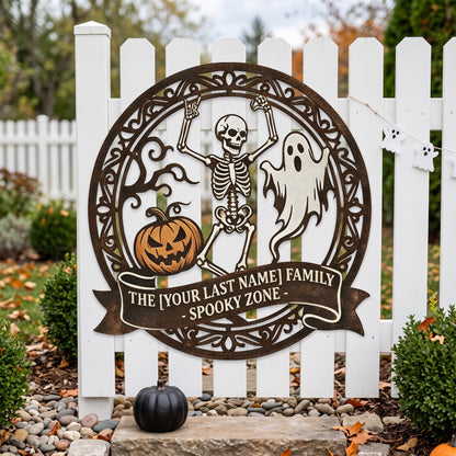 Personalized Spooky Zone Family Halloween Sign in a garden