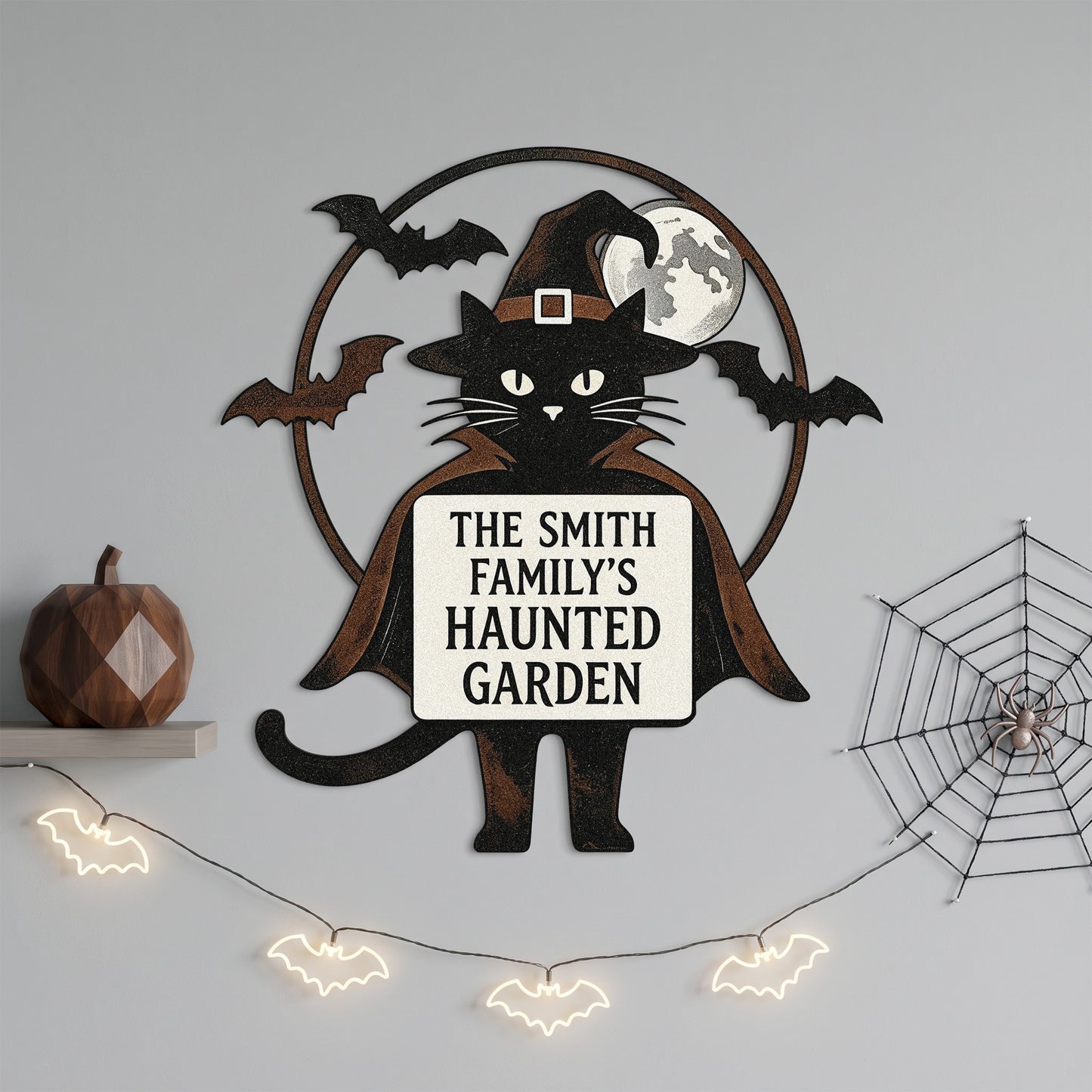 Personalized black cat Halloween metal stake outdoor scene