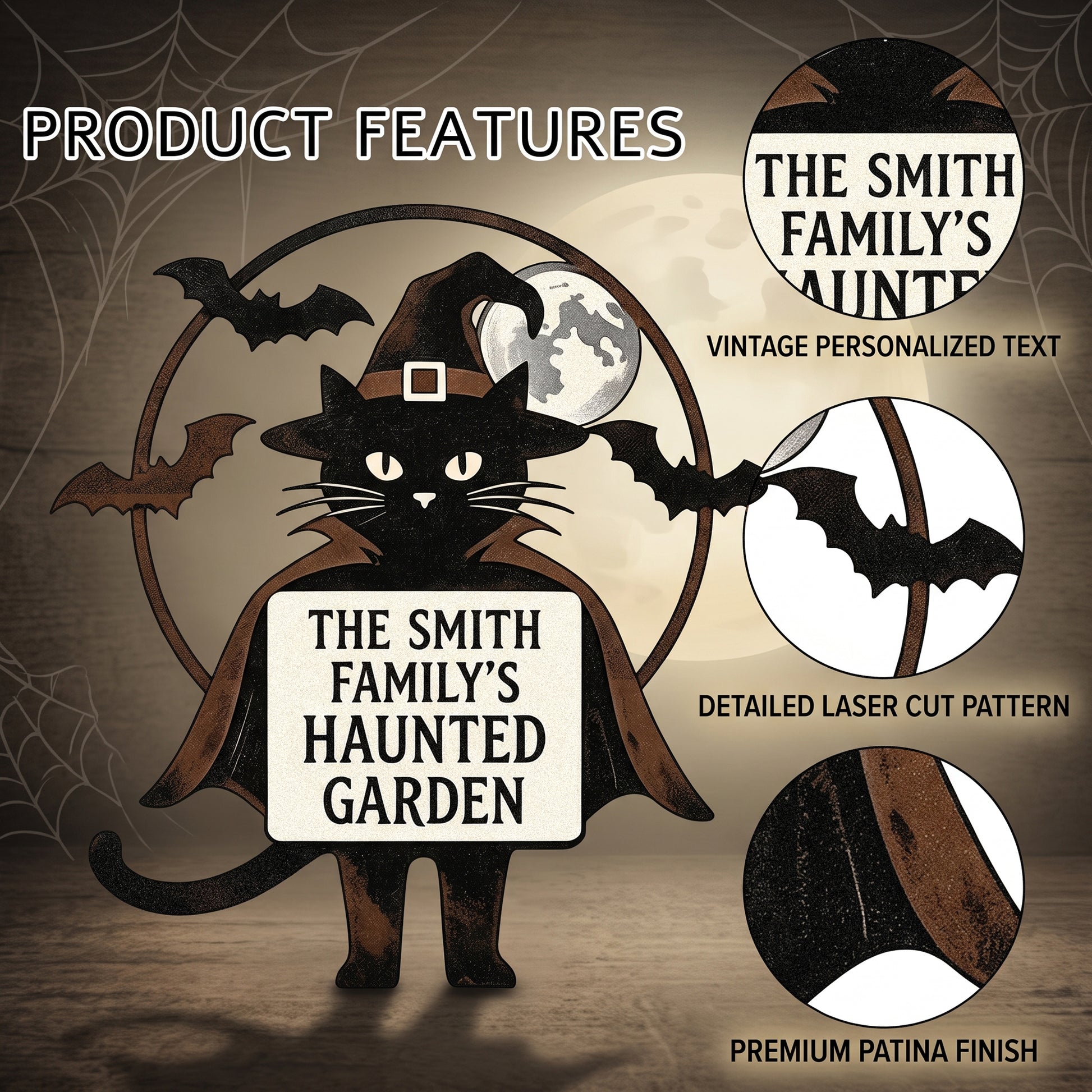 Close-up of witch cat haunted garden metal sign