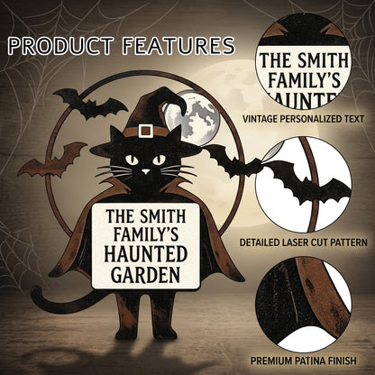 Close-up of witch cat haunted garden metal sign