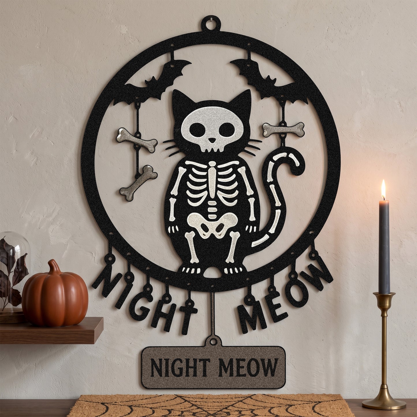 Night Meow Skeleton Cat Halloween Garden Sign in a garden