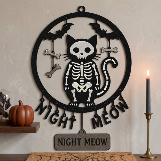 Night Meow Skeleton Cat Halloween Garden Sign in a garden