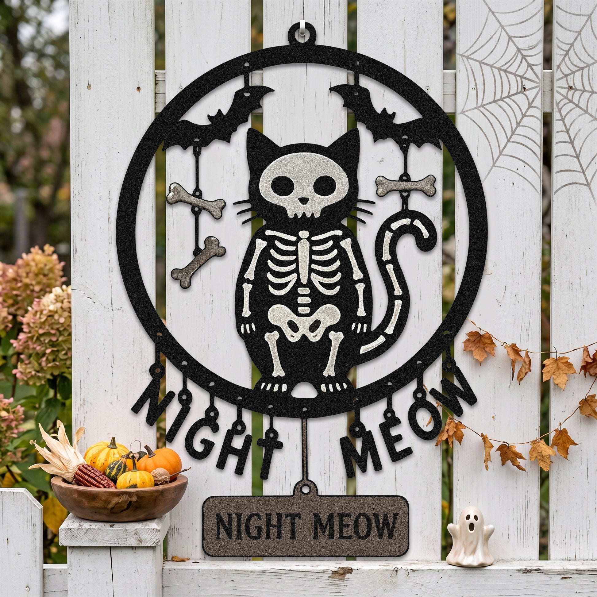 Night Meow Skeleton Cat Halloween Garden Sign outdoor scene