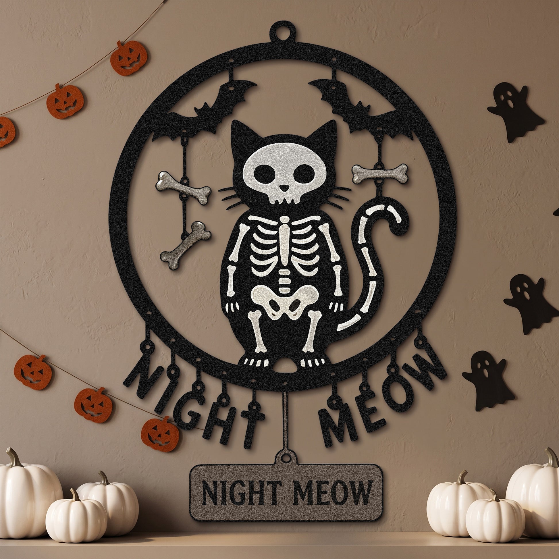 Night Meow Skeleton Cat Halloween Garden Sign lifestyle