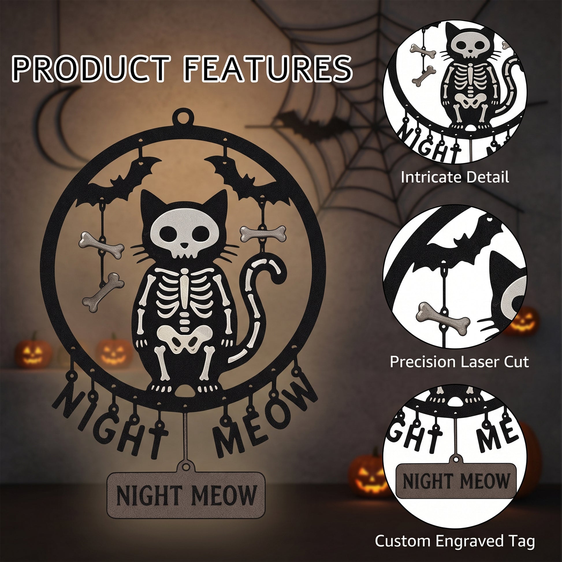 Close-up of Night Meow Skeleton Cat Halloween Garden Sign