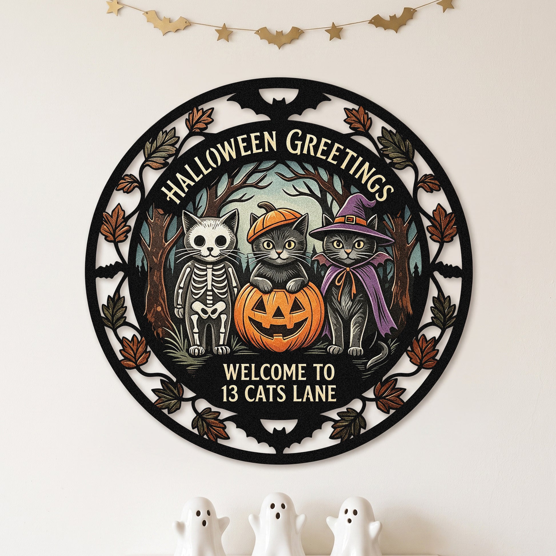 Halloween greetings cats garden stake in a yard
