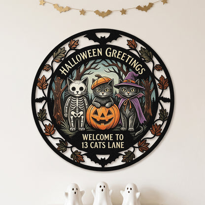 Halloween greetings cats garden stake in a yard