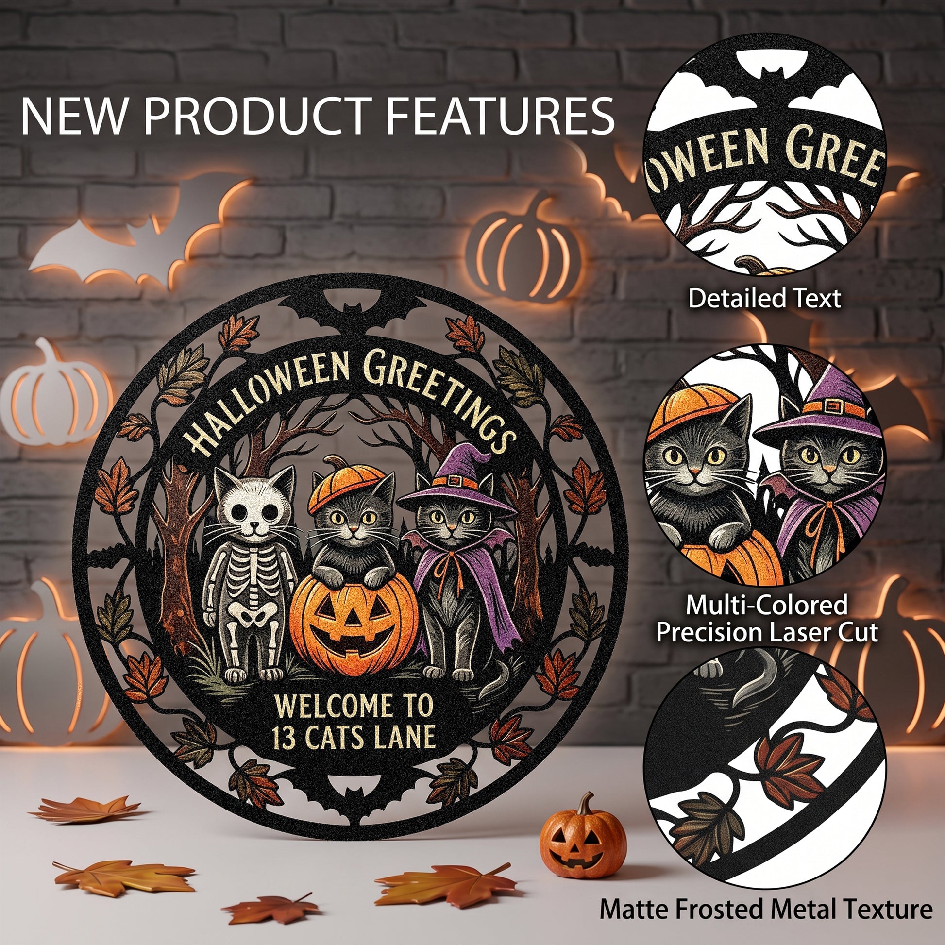 Close-up of Halloween greetings cats metal sign