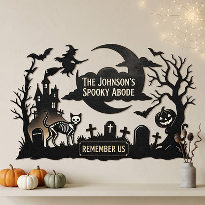 Personalized Spooky Abode Halloween Garden Stake in a garden