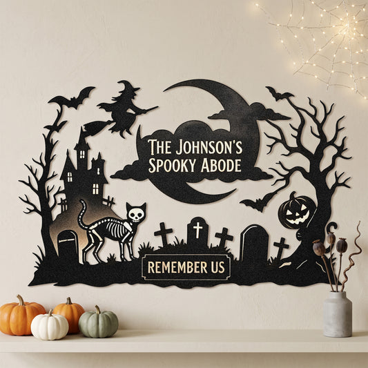 Personalized Spooky Abode Halloween Garden Stake in a garden
