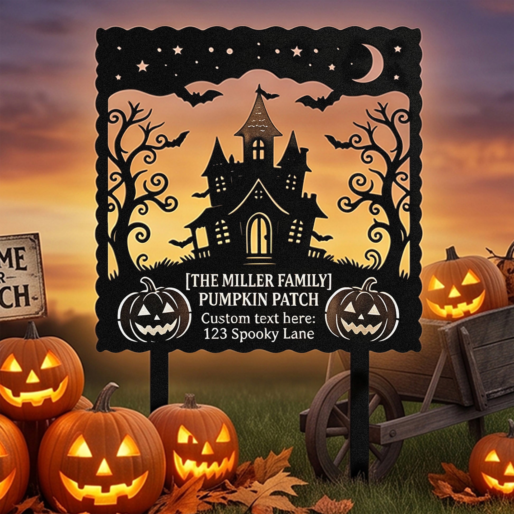 Personalized Pumpkin Patch Family Halloween Yard Sign in a garden