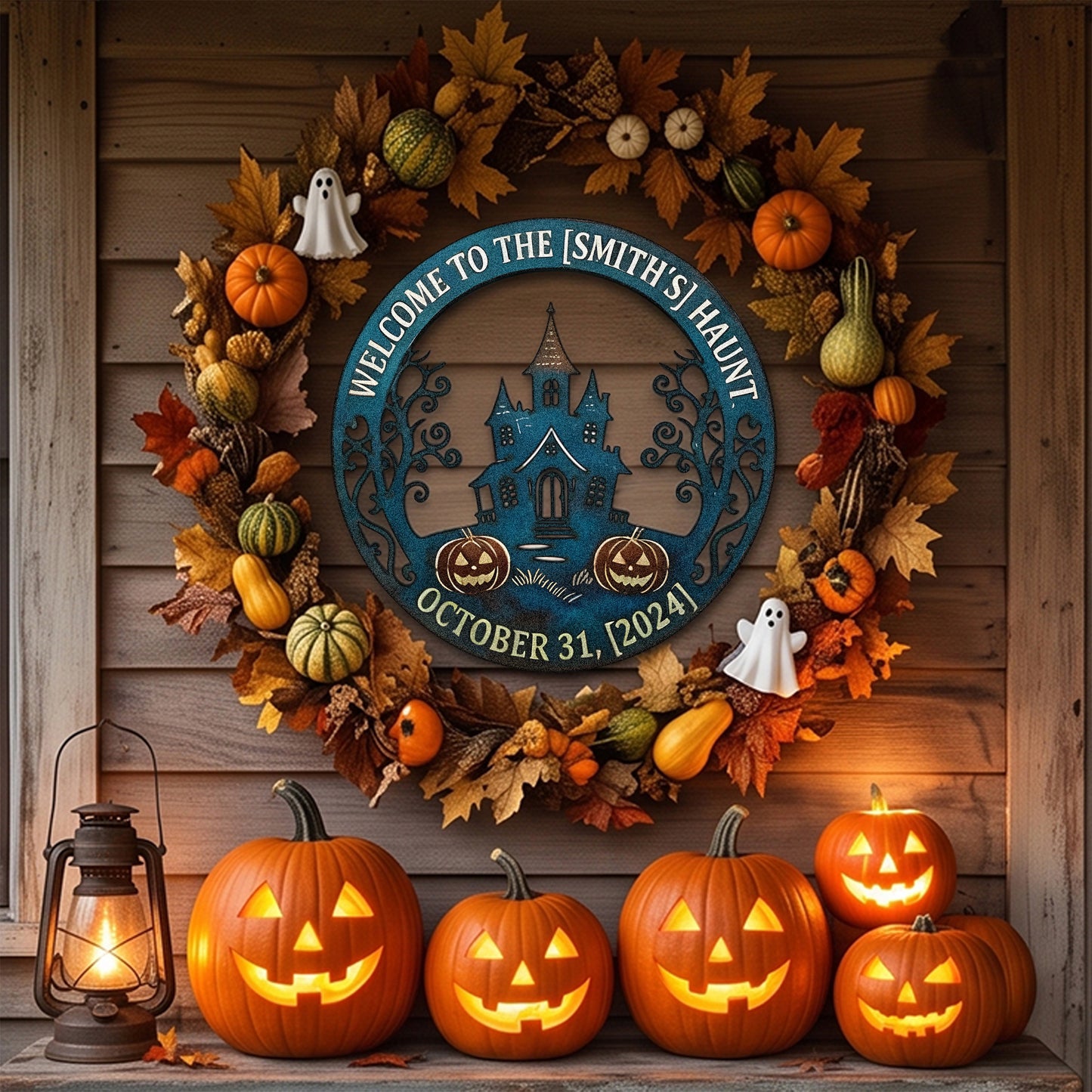 Personalized Welcome to the Haunt Halloween Sign in a garden