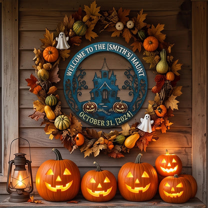 Personalized Welcome to the Haunt Halloween Sign in a garden