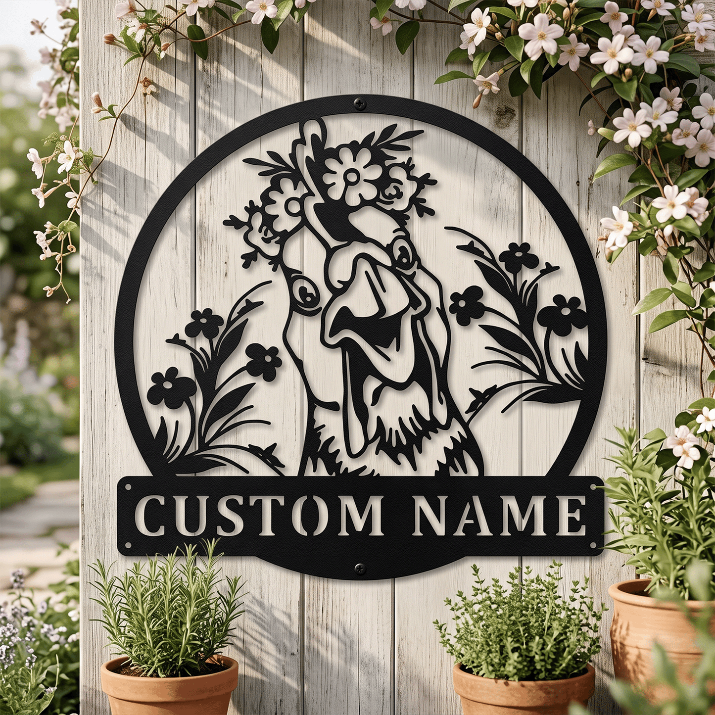 Custom Floral Chicken Metal Wall Art