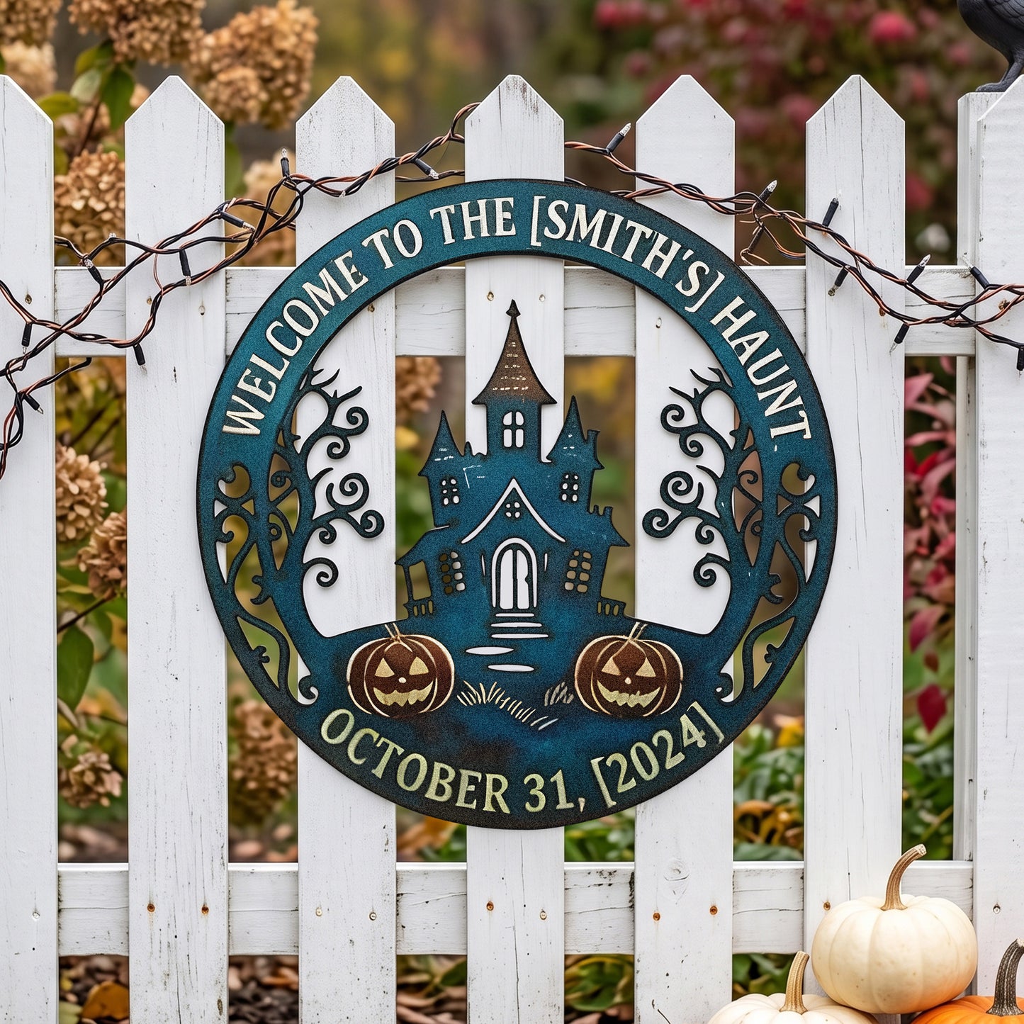 Personalized Welcome to the Haunt Halloween Sign outdoor scene