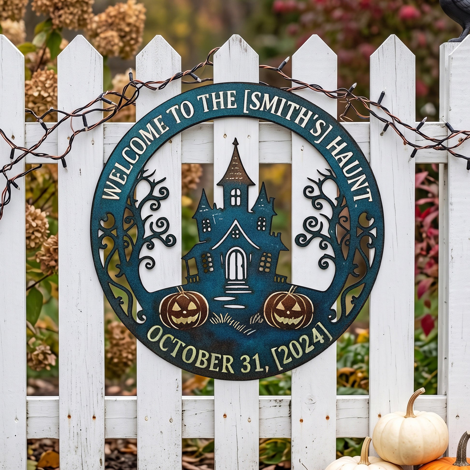 Personalized Welcome to the Haunt Halloween Sign outdoor scene