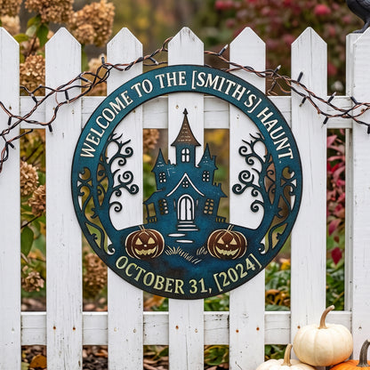 Personalized Welcome to the Haunt Halloween Sign outdoor scene