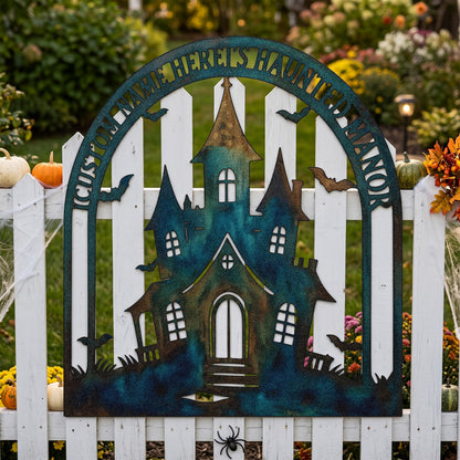 Personalized Haunted Manor Halloween Garden Sign in a garden