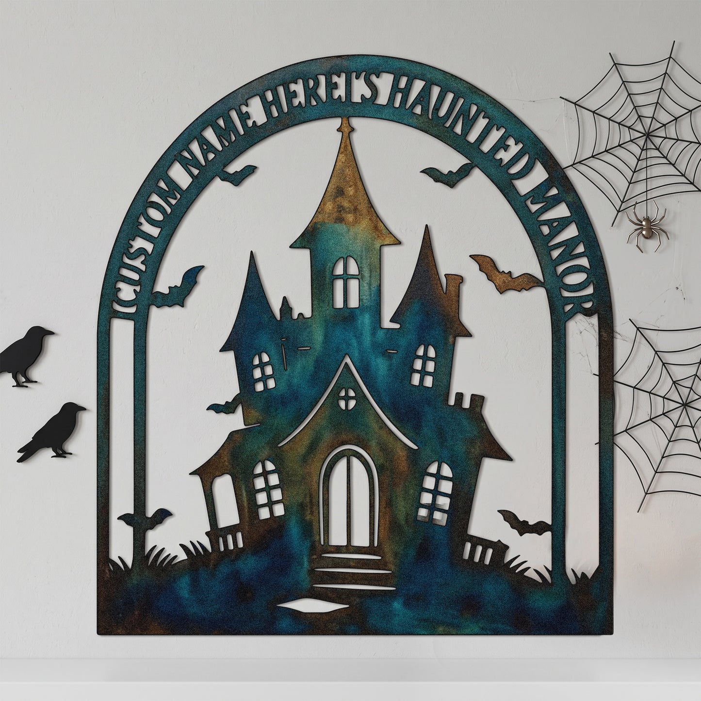 Personalized Haunted Manor Halloween Garden Sign outdoor scene