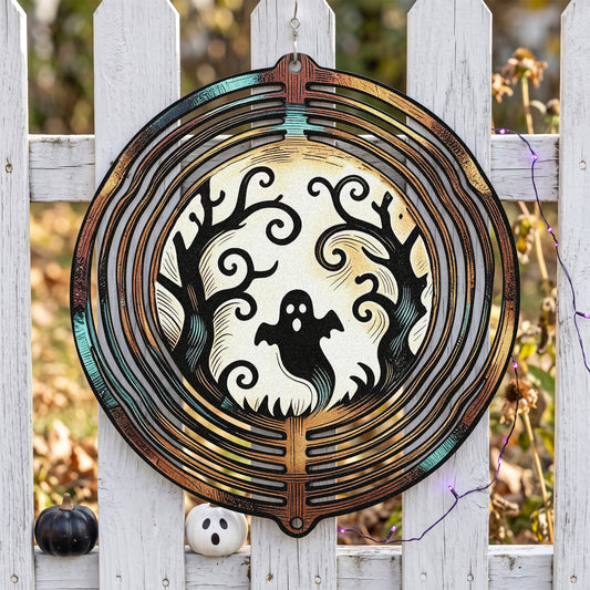 Ghost Moon Halloween Garden Spinner in a garden