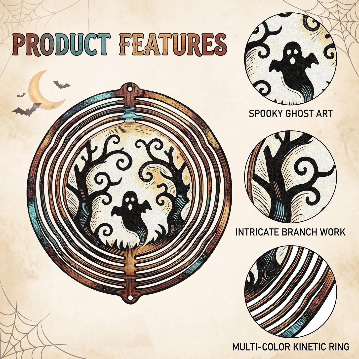 Close-up of Ghost Moon Halloween Garden Spinner